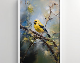 Arte de pared, jilguero americano, observación de aves, pintura al óleo, pájaro en un árbol, arte del patio trasero, impresión de jilguero, pájaro descarado