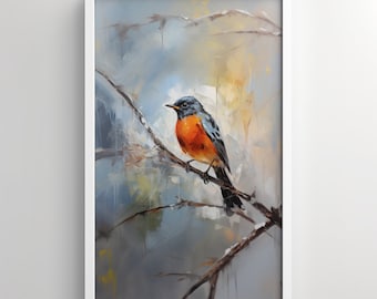 Arte de pared, petirrojo americano, observación de aves, pintura al óleo, pájaro en un árbol, arte del patio trasero, impresión de petirrojo, pájaro descarado