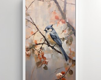 Arte de pared, impresión de carbonero, observación de aves, pintura al óleo, pájaro en un árbol, arte del patio trasero, carbonero copetudo