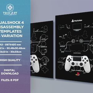 May include: A set of 8 printable PDF templates for disassembling a DualShock 4 PlayStation controller. The templates are in black and white and show the different parts of the controller, including the buttons, joysticks, and circuit board. The templates are available in 4 different sizes: A3 (297x420 mm), 12x12 inches (30.48x30.48 cm), and 13x13 inches (33x33 cm).
