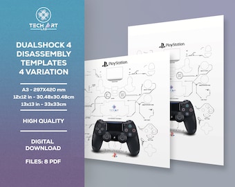 Sony PlayStation DualShock 4 Controller Teardown Template | A3, 12x12in, 13x13in | controller framed template  (Download) Disassembled Art