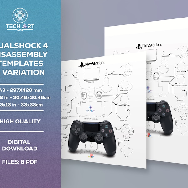 Plantilla de desmontaje del controlador Sony PlayStation DualShock 4 / A3, 12x12in, 13x13in / plantilla enmarcada del controlador (Descargar) Arte desmontado