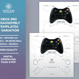 Könnte beinhalten: Ein Satz druckbarer Vorlagen zum Zerlegen eines Xbox 360-Controllers. Die Vorlagen sind in drei Variationen verfügbar und liegen in 8 PDF-Dateien vor. Die Vorlagen sind für den Druck auf A3-Papier konzipiert, das 297x420 mm oder 12x12 Zoll groß ist.