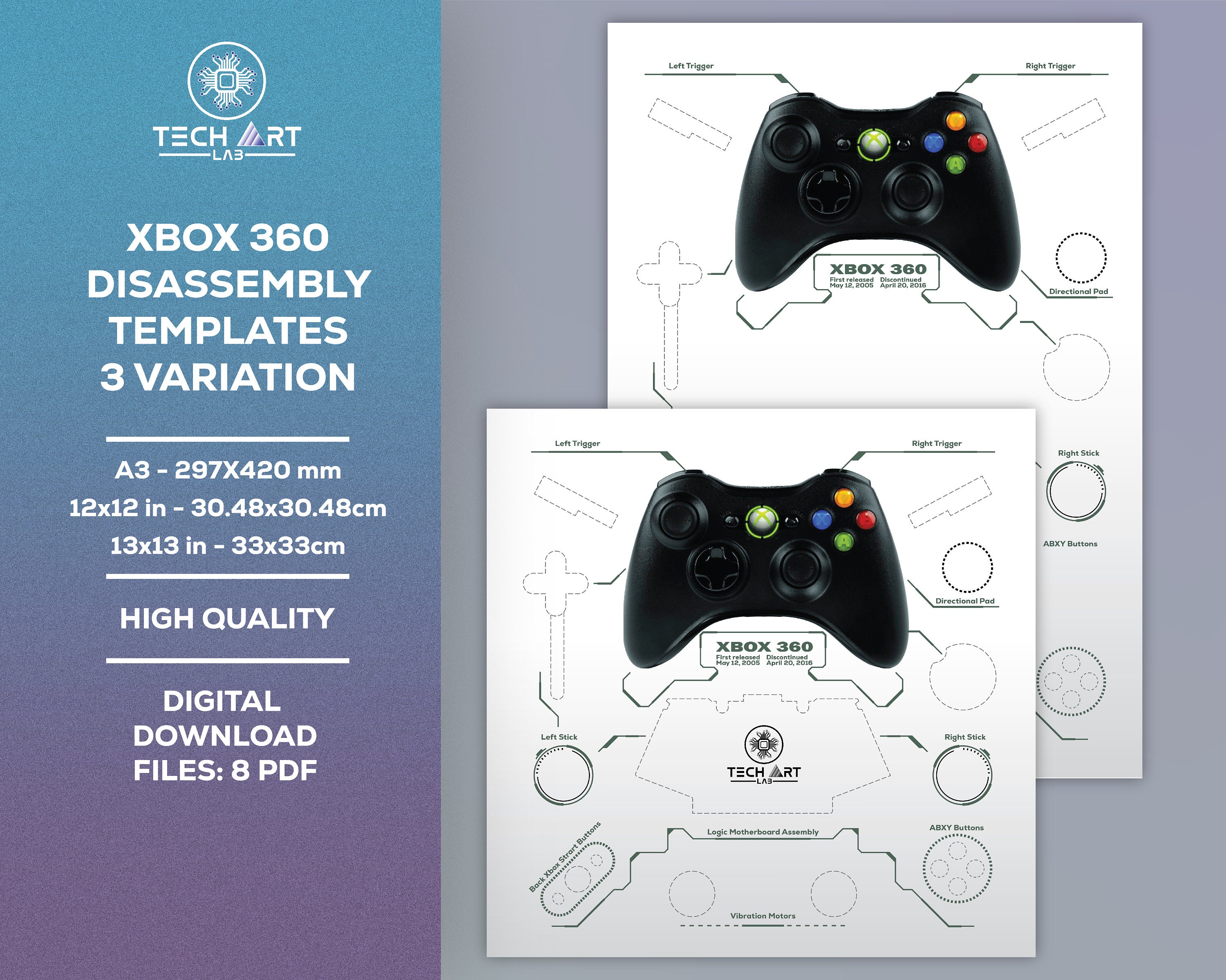 Xbox 360 Controller Teardown Template A3 12x12in 13x13in
