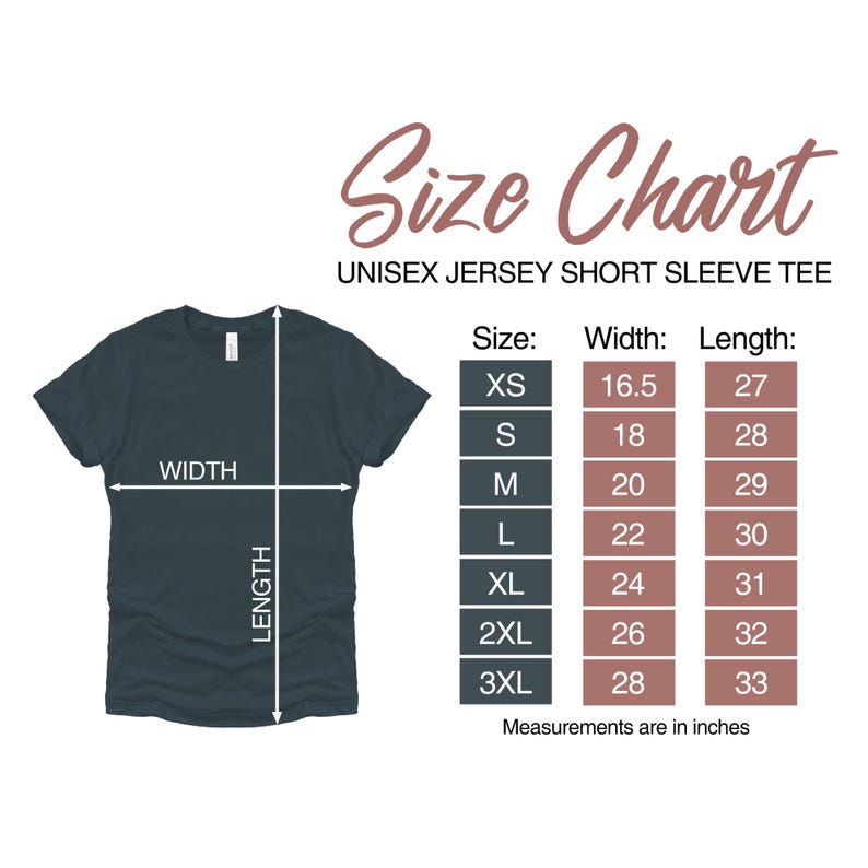 May include: Size chart for a unisex jersey short sleeve tee. The chart shows sizes XS through 3XL with corresponding width and length measurements in inches.