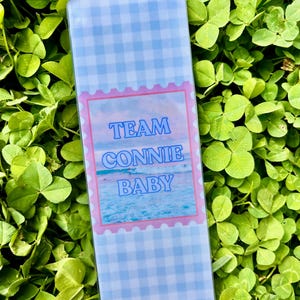 K&ouml;nnte beinhalten: Ein rechteckiger, klarer Acryl-Lesezeichen mit einem blau-wei&szlig;en Vichy-Muster. In der Mitte befindet sich ein rosa umrandetes Bild mit den Worten "TEAM CONNIE BABY" in Blau, vor einer Strandszene. Das Lesezeichen ist von gr&uuml;nem Laub umgeben.