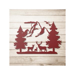 Decoración de pared con ciervos, letrero de naturaleza y bosque salvaje, escena de cimas de montañas, regalo para el hogar, arte de metal de vida silvestre para el hogar, decoración panorámica de granja