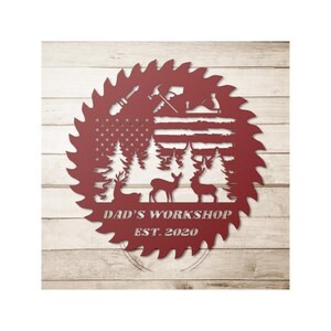 Letrero de taller personalizado, regalo para el Día del Padre, letrero para el taller de papá, letrero de hoja de sierra, regalo de Navidad para papá. Letrero de hoja de sierra de Deer Forest.