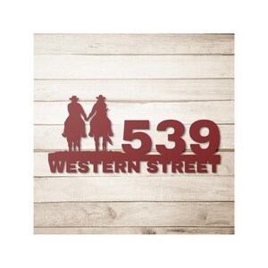 Personalized Cowboy Address Metal Sign, Custom Street Name Sign, Cowboy Home Number, Front Door Sign, Couples riding horses Address Sign