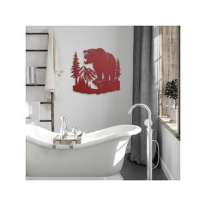 Letrero metálico de oso para pared, escena de oso en el bosque, letrero de naturaleza y bosque salvaje, letrero para interior y exterior, regalo para el hogar, arte de cuevas, arte de osos
