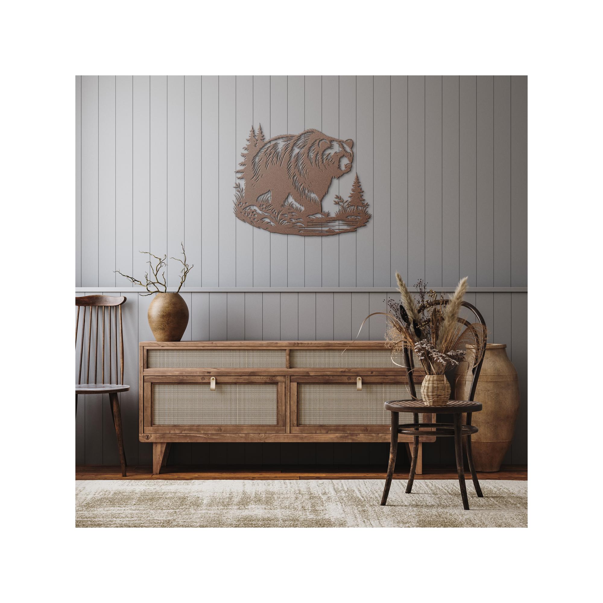 Rustic Bear Forest Metal Wall Art – Wild Nature Scene Decor For Living Room, Bedroom, Or Office