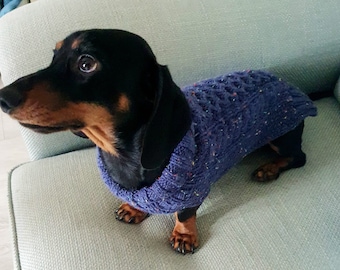 Miniature Dachshund Jumper Cable knit Blue Aran Wool