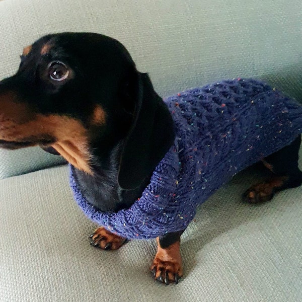 Miniature Dachshund Jumper Cable knit Blue Aran Wool