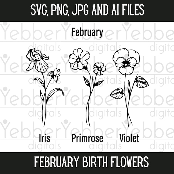 Birth Flowers SVG, February Bloom Sign, Seasonal Floral, Herbal Horoscope, Nature's Calendar, Iris, Primrose and Violet