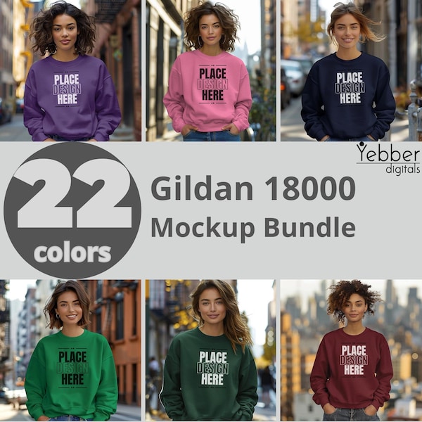 Gildan 18000 Mockup Bundle, 22 Colors Lifestyle Mockups, Crewneck Sweatshirt Models, Oversized Sweaters