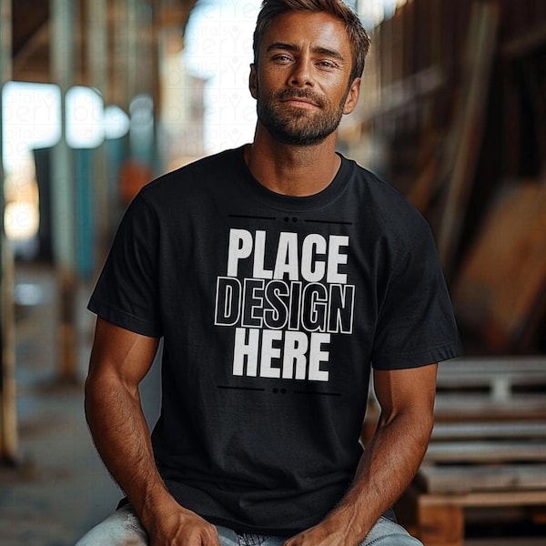 Black Bella Canvas 3001 Mockup, Male Model T-Shirt Mockup lifestyle, Mens Shirt Mock-up, High-Quality Outdoors Background