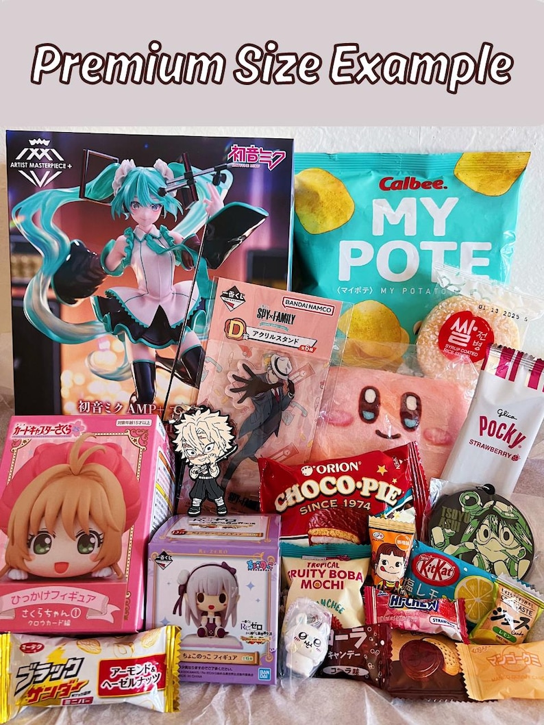 May include: A collection of Japanese snacks and character merchandise, including a Hatsune Miku figure, Calbee potato chips, Pocky, and various anime-themed items. The image includes text that says "Premium Size Example".