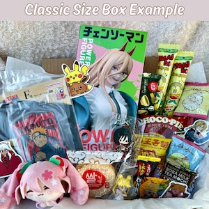 May include: A box filled with anime-themed merchandise, including a figure, snacks, and stickers. The box contains a figure of a character from "Chainsaw Man", a Naruto shirt, and various Japanese snacks. The text "Classic Size Box Example" is at the top.