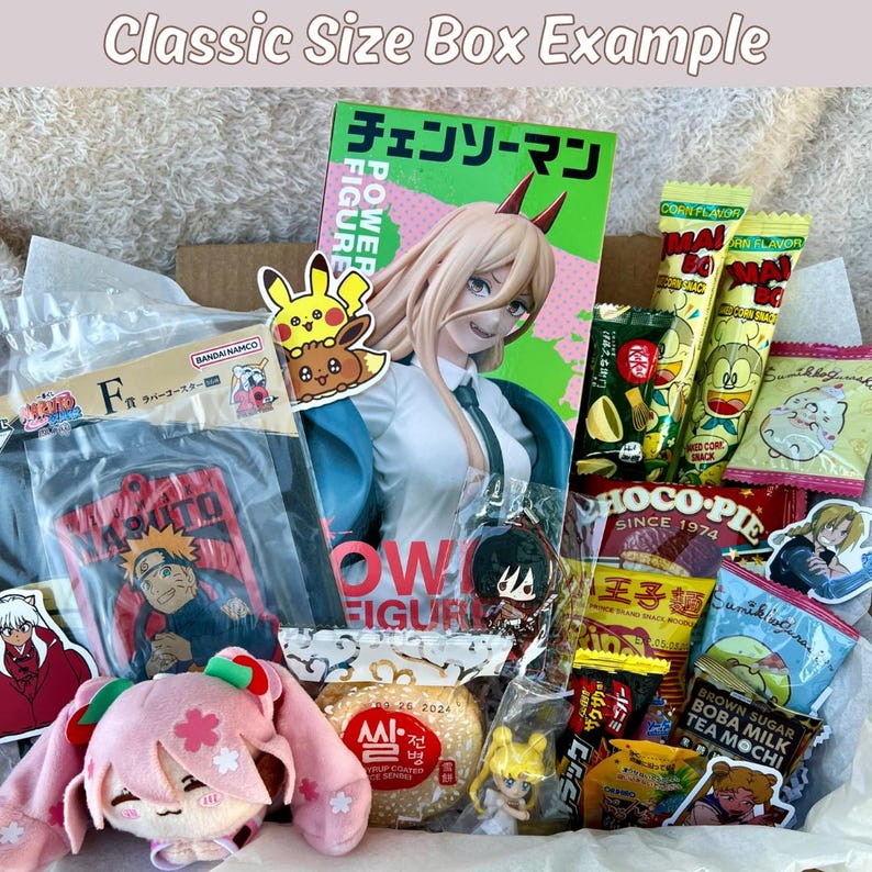 May include: A box filled with anime-themed merchandise, including a figure, snacks, and stickers. The box contains a figure of a character from "Chainsaw Man", a Naruto shirt, and various Japanese snacks. The text "Classic Size Box Example" is at the top.