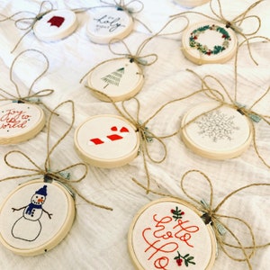 Embroidered Christmas Ornaments | Handmade holiday decor | hanging rustic Christmas ornaments | mini embroidery hoop