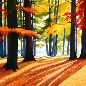 Betoverende herfst: Digitale aquarel Forest Print - Fall Landscape Wall Art, Nature Decor, Instant Download, Afdrukbaar schilderij