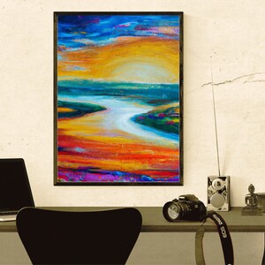 River Wall Art Living Room River Landscape Painting Impressionist Art Entryway Wall Decor Sunset above River Oil Painting Digital Print