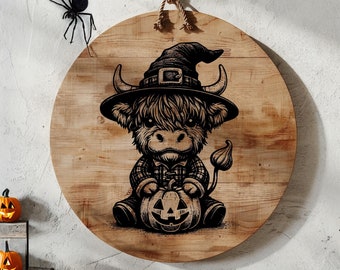 Tagliere di salumi di mucca scozzese di Halloween in formato SVG, file digitale per tagliere Cottagecore, design per tagliere di formaggi, file per incisione laser su legno autunnale