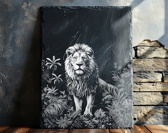 Archivo de grabado láser de león, PNG de pizarra cortada a láser, diseño de tabla de charcutería cortada a láser, posavasos de pizarra, archivo de proyecto CNC