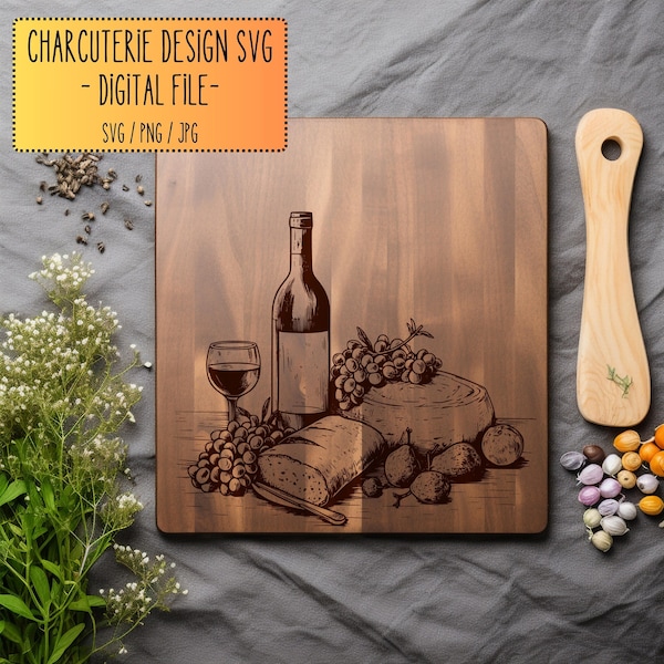 Charcuterie Design SVG, Wine & Bread Chopping Board PNG, Cutting Board Digital File, Laser Engraved Files, Digital, Vector, Laser Cut File