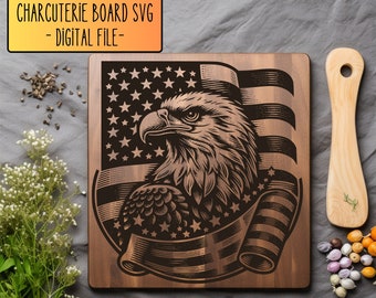 American Eagle Charcuterie Board SVG, Patriotisk Skärbräda Digital Fil, Ostbräda Design, Flag Laser Trägravyr Fil