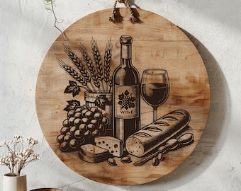 Fichier gravé au laser SVG de repas, fichier numérique de vin et fromage, conception de plateau de fromages, fichier de gravure sur bois laser d'été, Nature