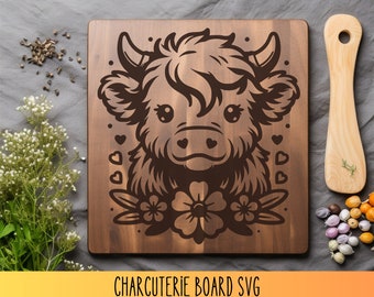 Cute Highland Cow SVG, Floral Highland Cow Vector Design for Cutting Machines, Laser Wood Engraving File, Cute Cow Laser Engraving Cut Files