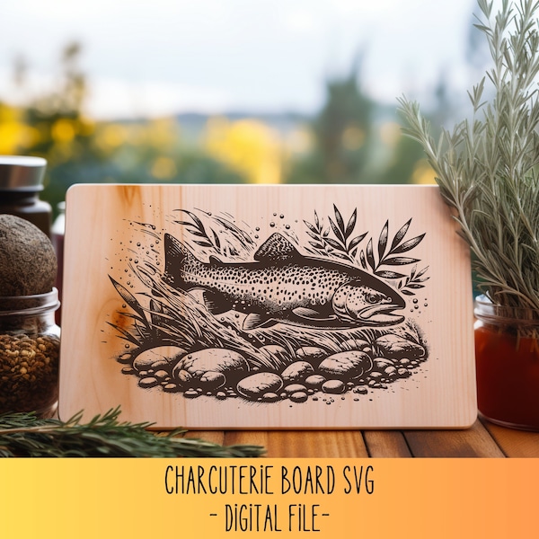 Trout Charcuterie Board SVG, Fishing Cutting Board Digital File, Cheese Board Design, Fish Laser Wood Engraving File, Nature, Camping Design