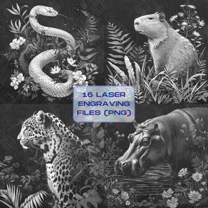 May include: A set of 16 black and white laser engraving files featuring a snake, a capybara, a leopard, and a hippopotamus. The animals are surrounded by lush foliage and flowers.