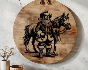 Drôle de planche de charcuterie de Noël SVG, cow-boy père Noël avec fichier numérique de planche à découper cheval, conception de planche de fromages, fichier de gravure laser