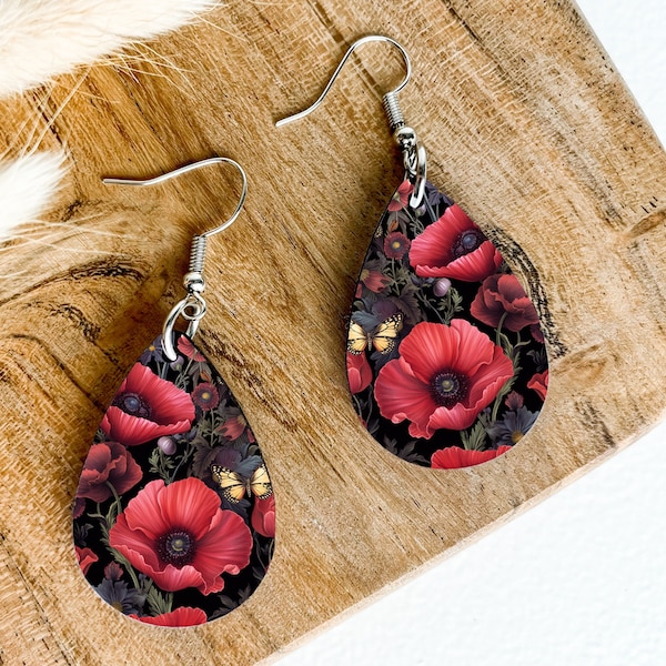 Cute Floral Earring Design, Printable Teardrop Poppy Earrings PNG, Flower Sublimation Earring Design, INSTANT DOWNLOAD, Commercial Use