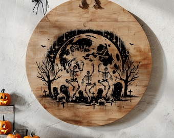 Tabla de charcutería con esqueletos bailarines de Halloween SVG, archivo digital de tabla de cortar aterradora, diseño de tabla de quesos, archivo de grabado en madera, espeluznante