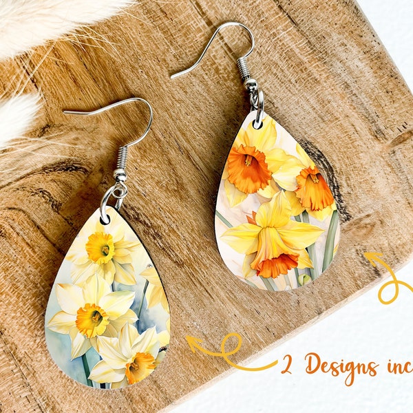 Daffodil Flower Earring Designs, Printable Floral Teardrop Earrings PNG, 2 Flower Sublimation Earring Design, INSTANT DOWNLOAD, Commercial