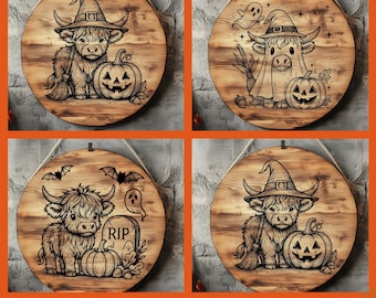 Pacchetto SVG di tagliere di salumi di zucca di mucca delle Highlands di Halloween, pacchetto di file di incisione laser autunnale spettrale