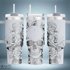 Skull 40oz Tumbler Laser File, Floral Engraving SVG, Roses Laser Engraving Design, Full Wrap for 40oz Tumbler, Engraved SVG for Laser image 1