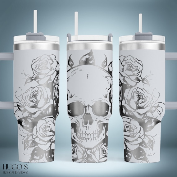 Skull 40oz Tumbler Laser File, Floral Engraving SVG, Roses Laser Engraving Design, Full Wrap for 40oz Tumbler, Engraved SVG for Laser
