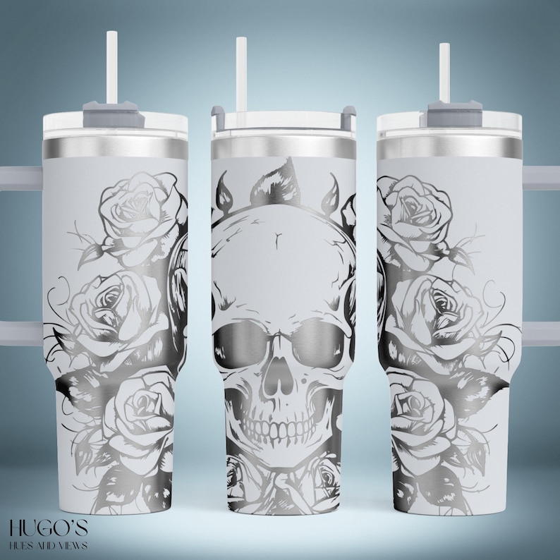 Skull 40oz Tumbler Laser File, Floral Engraving SVG, Roses Laser Engraving Design, Full Wrap for 40oz Tumbler, Engraved SVG for Laser image 1
