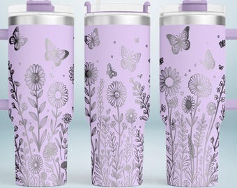 Archivo láser para vaso de 40 oz, SVG de grabado floral, diseño láser de flores silvestres y mariposas, envoltura completa para vaso DIY, descarga instantánea, sin costuras