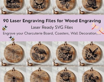 Laser Engraving Bundle, 90 Files included, Animals, Flowers, Holidays, Football, Laser Ready Files for Charcuterie Boards, Coaster, Wood