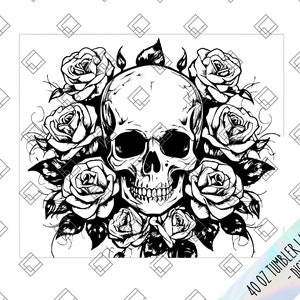 May include: Black and white illustration of a skull surrounded by roses. The skull has a detailed design with a prominent jawline and teeth. The roses are arranged around the skull in a circular pattern.