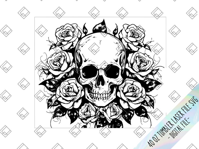 May include: Black and white illustration of a skull surrounded by roses. The skull has a detailed design with a prominent jawline and teeth. The roses are arranged around the skull in a circular pattern.