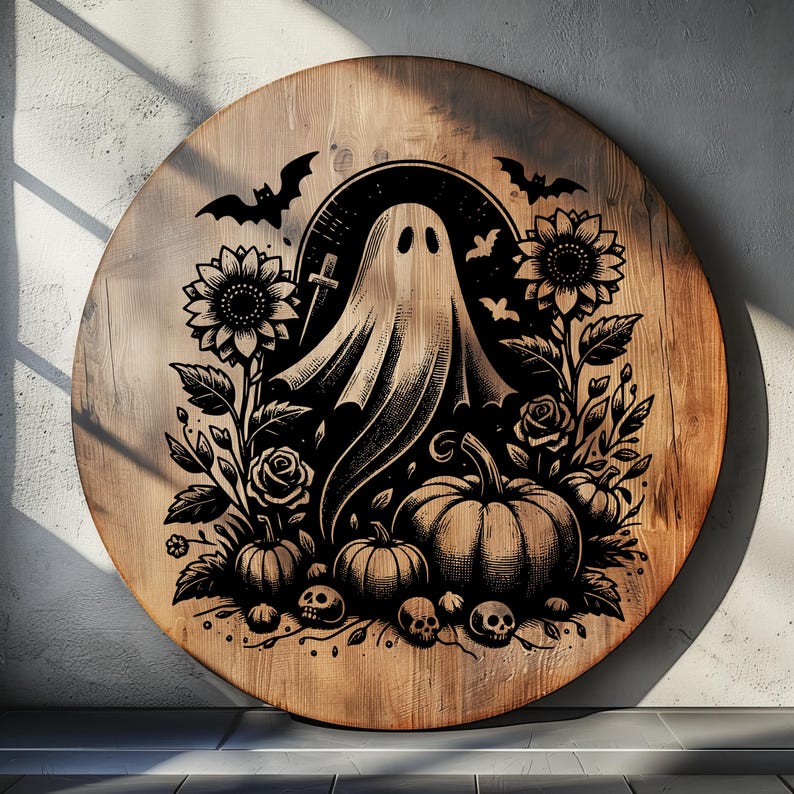 May include: Round wooden sign with a Halloween-themed design. The sign features a central ghost figure surrounded by pumpkins, sunflowers, roses, bats, and skulls. The artwork is in black against a light brown wood grain background.