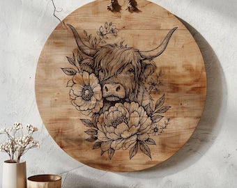 Highland Cow Laser Engraving SVG File: Cottagecore Charcuterie Board (Digital Download)