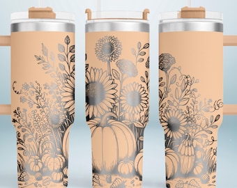 40oz & 20oz Tumbler Laser File, Floral Fall Engraving SVG, Wildflower and Pumpkin Design, Full Wrap for Tumbler, INSTANT Download, Seamless