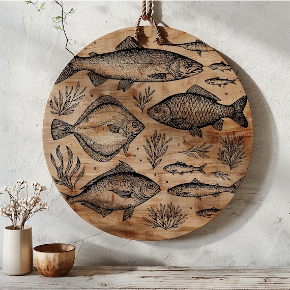 Fishermen Aesthetic SVG File, Nautical Fish Charcuterie Board File, Wood Cutting Board File, Design File, Laser Ready File, INSTANT DOWNLOAD